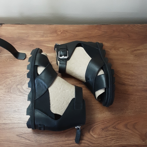 Sorel Joanie ll Black Leather Wedge Sandals Women - Picture 7 of 7